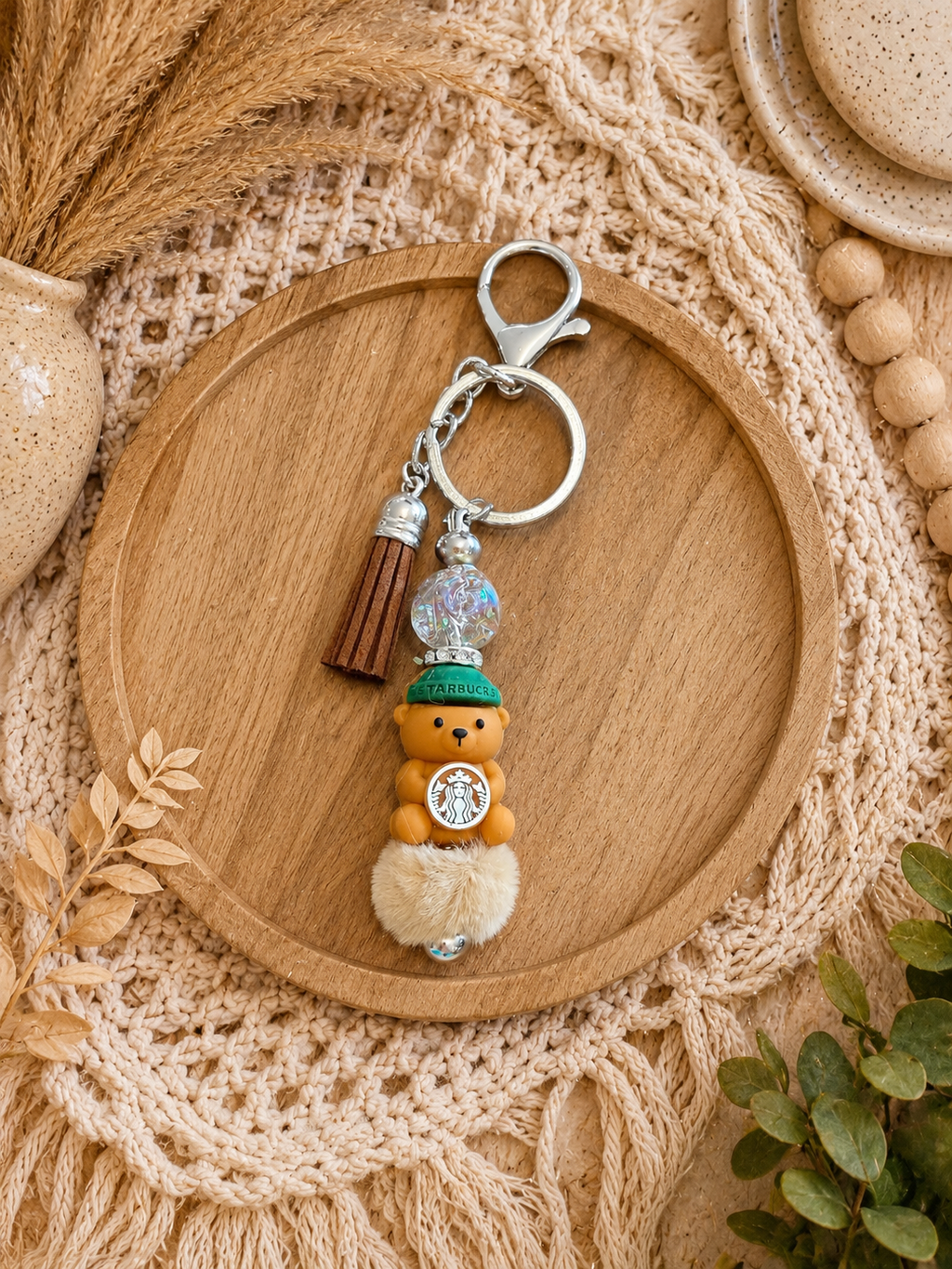 ☕ Teddy Bear Coffee Lover Keychain | Handmade Bear Tassel Purse Charm