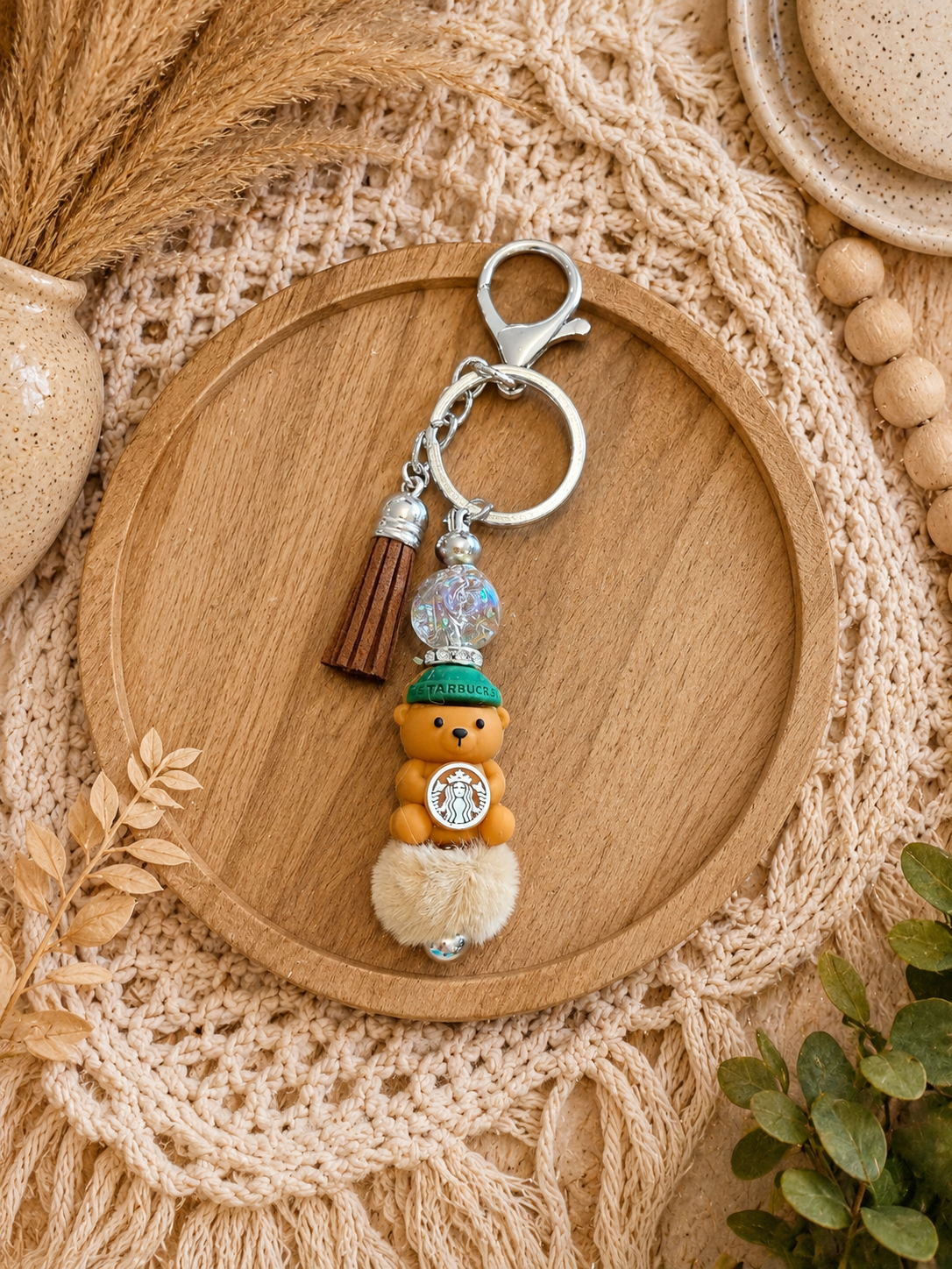 ☕ Teddy Bear Coffee Lover Keychain | Handmade Bear Tassel Purse Charm