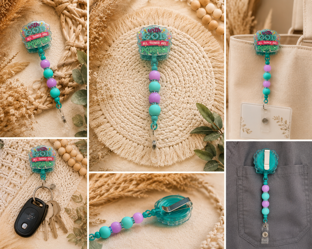 With God All Things Are Possible Beaded Badge Reel – Inspirational Retractable ID Holder