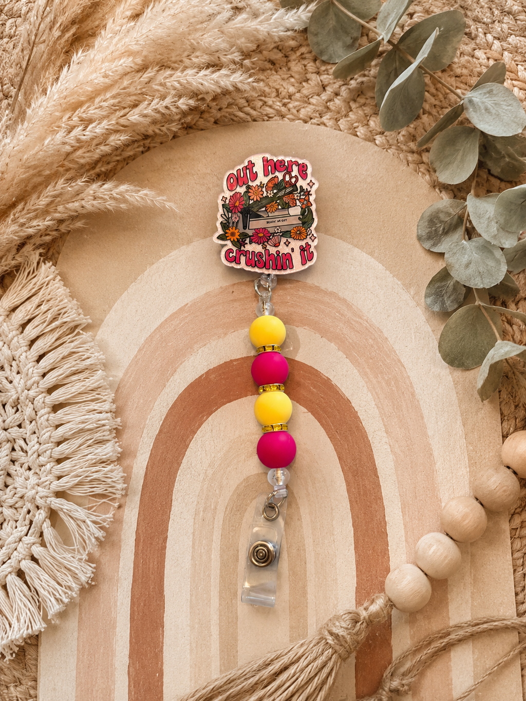 Out Here Crushin’ It Beaded Badge Reel – Retractable ID Holder with Alligator Clip