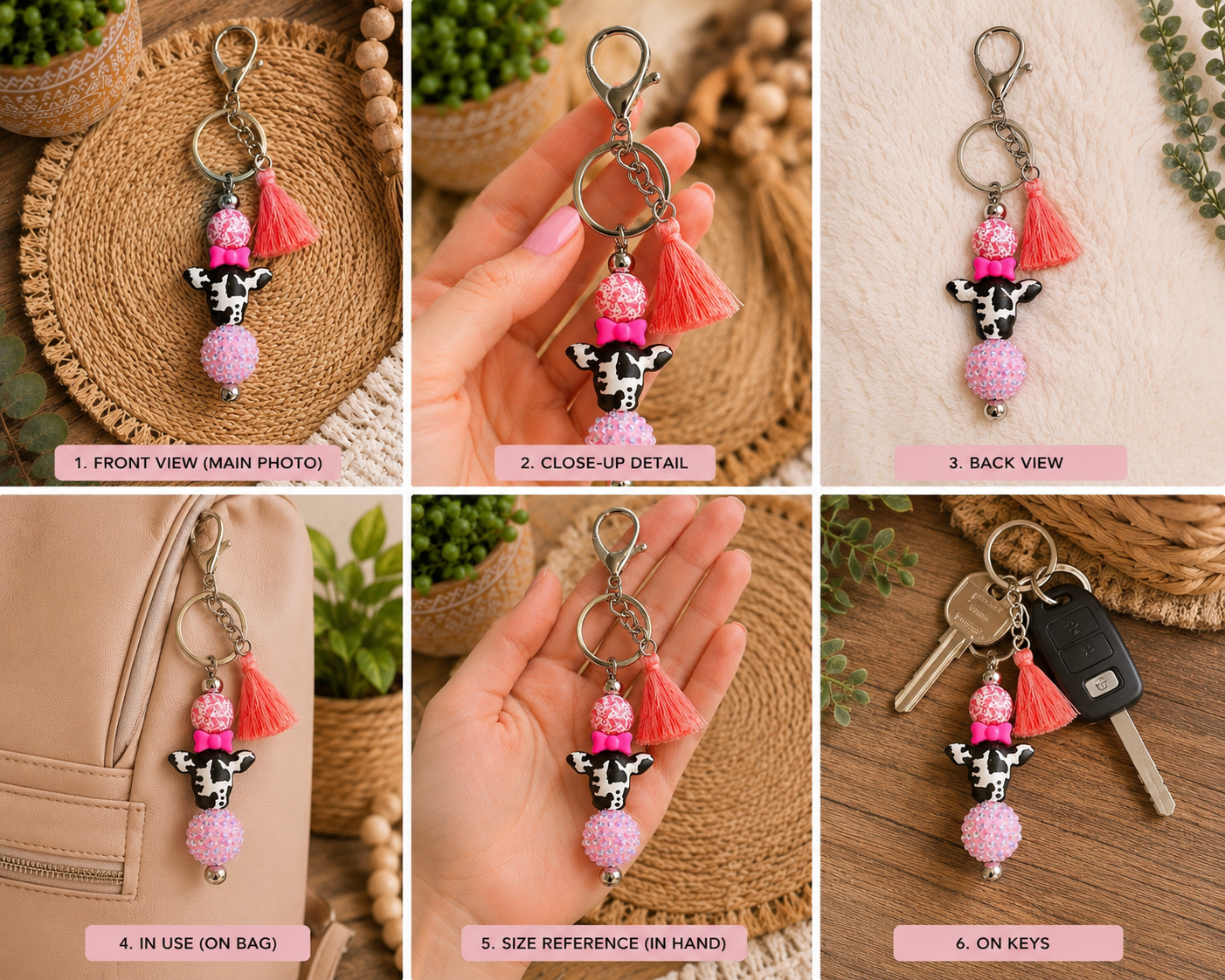 Pink Cow Tassel Keychain – Cute Handmade Beaded Wristlet Charm