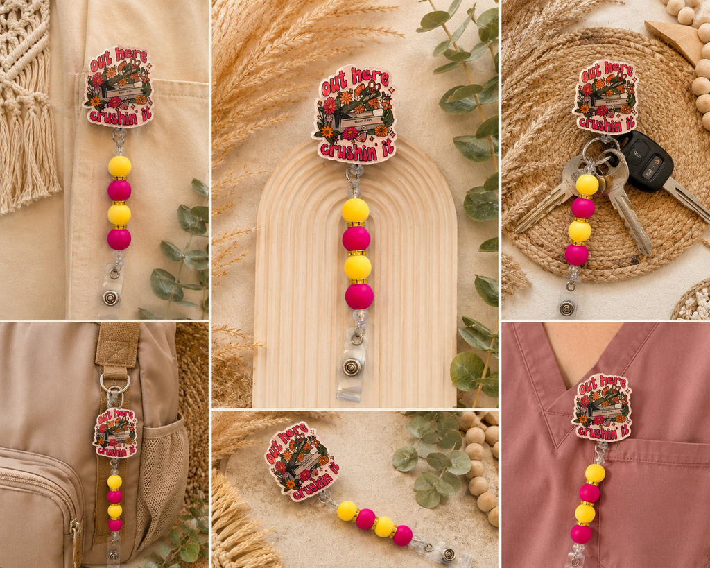 Out Here Crushin’ It Beaded Badge Reel – Retractable ID Holder with Alligator Clip