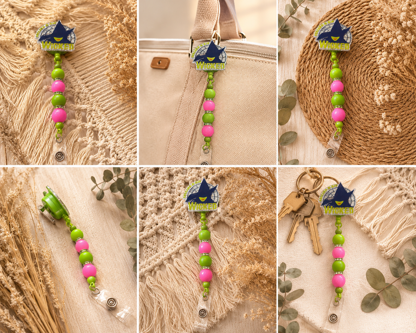 Wicked Inspired Beaded Badge Reel – Pink & Green Retractable ID Holder