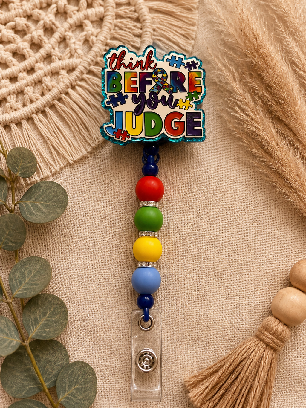 Think Before You Judge Autism Awareness Beaded Badge Reel – Retractable ID Holder