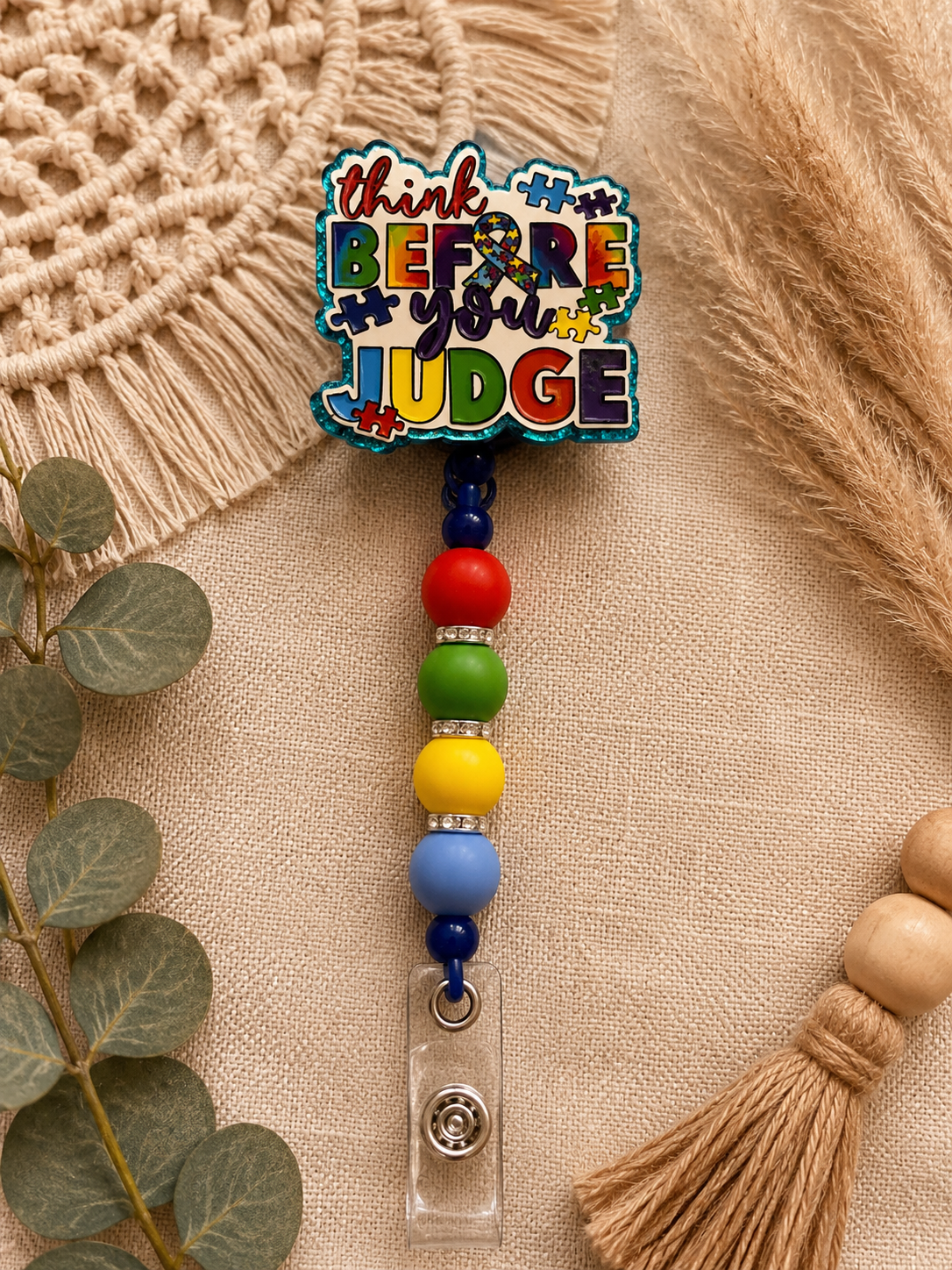 Think Before You Judge Autism Awareness Beaded Badge Reel – Retractable ID Holder