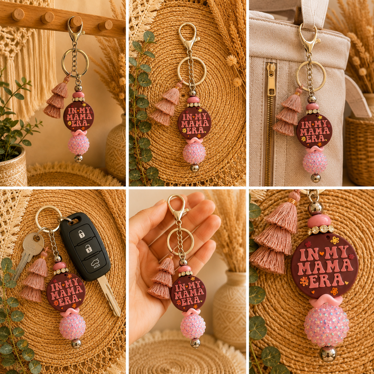 💕 In My Mama Era Beaded Keychain with Tassel – Mom Life Bag Charm