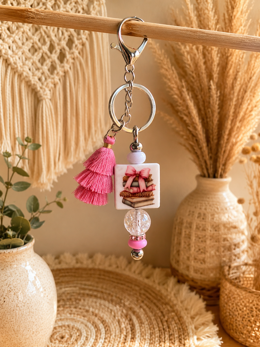📚 Book Lover Beaded Keychain with Pink Tassel – Reader Gift