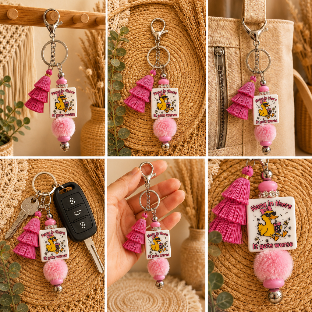 🦆 Hang In There, It Gets Worse Duck Beaded Keychain – Funny Tassel Bag Charm