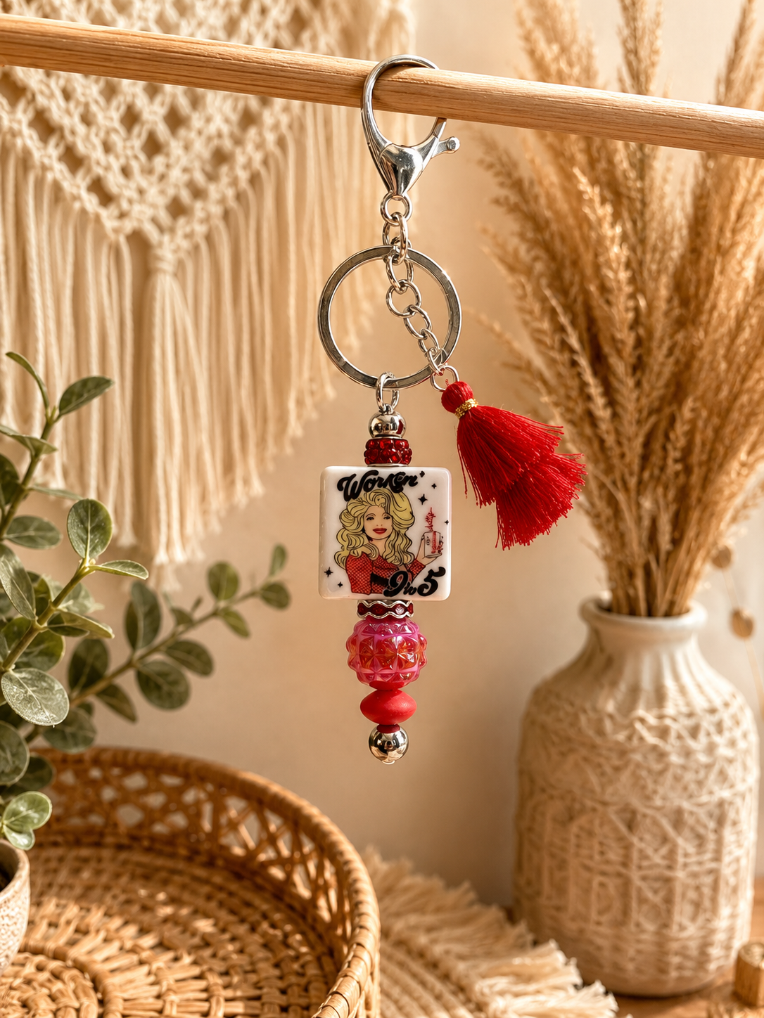 9 to 5 Inspired Beaded Keychain with Red Tassel