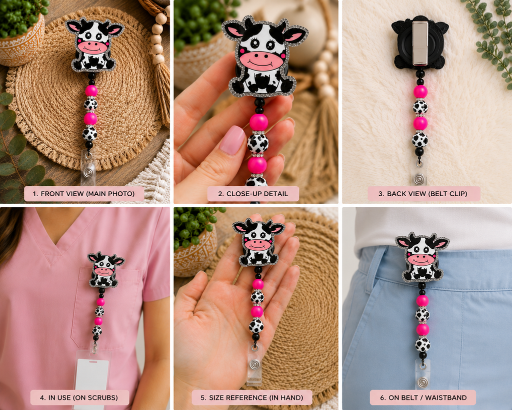 Pink Cow Beaded Badge Reel - Cute Handmade Belt Clip ID Holder