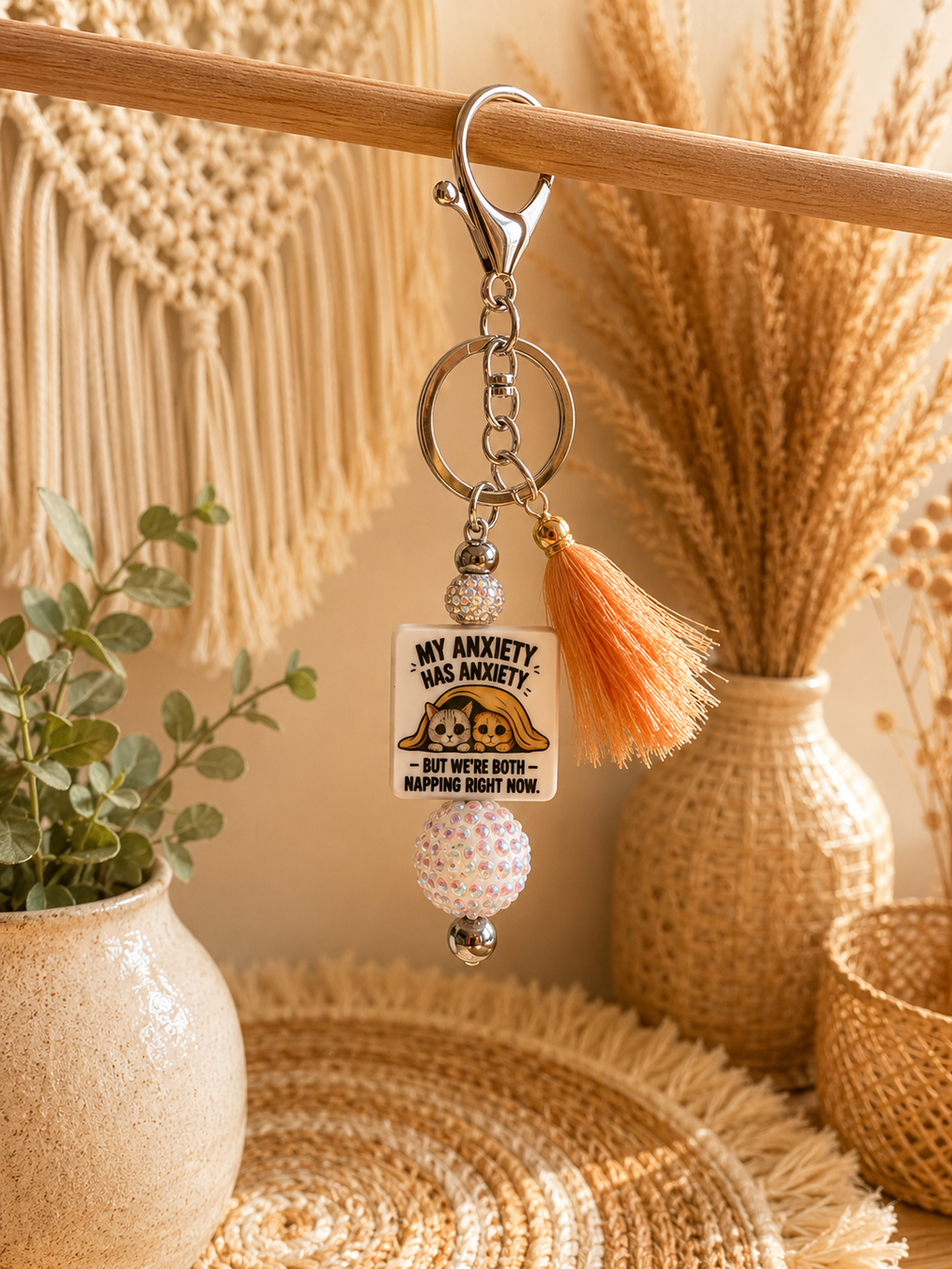 My Anxiety Has Anxiety Beaded Keychain – Funny Mental Health Tassel Keychain