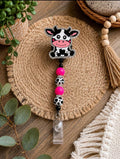 Pink Cow Beaded Badge Reel - Cute Handmade Belt Clip ID Holder