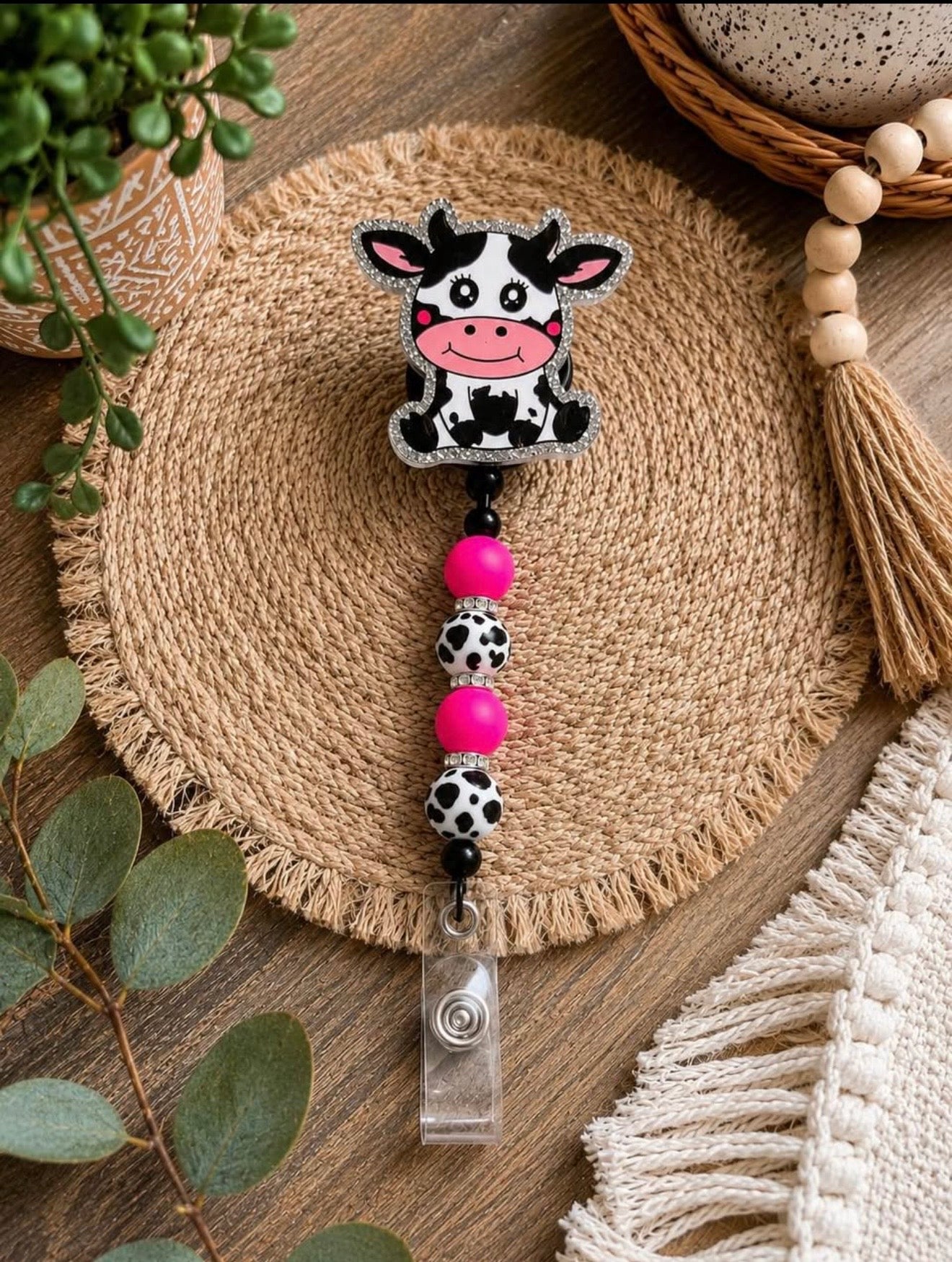 Pink Cow Beaded Badge Reel - Cute Handmade Belt Clip ID Holder