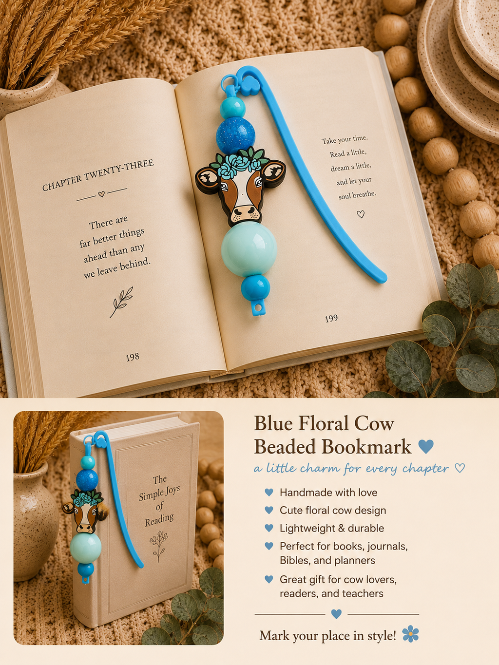 🐮 Blue Floral Cow Beaded Bookmark | Cow Lover Bookmark | Farmhouse Reader Gift | Handmade Book Lover Accessory | Cute Cow Bookmark
