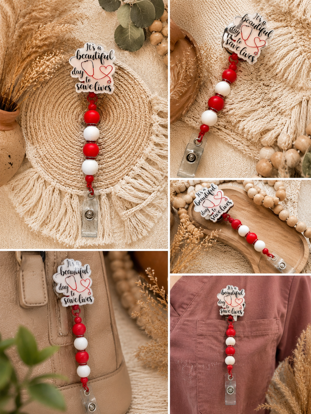 It’s a Beautiful Day to Save Lives Beaded Badge Reel – Retractable ID Holder for Healthcare Professionals