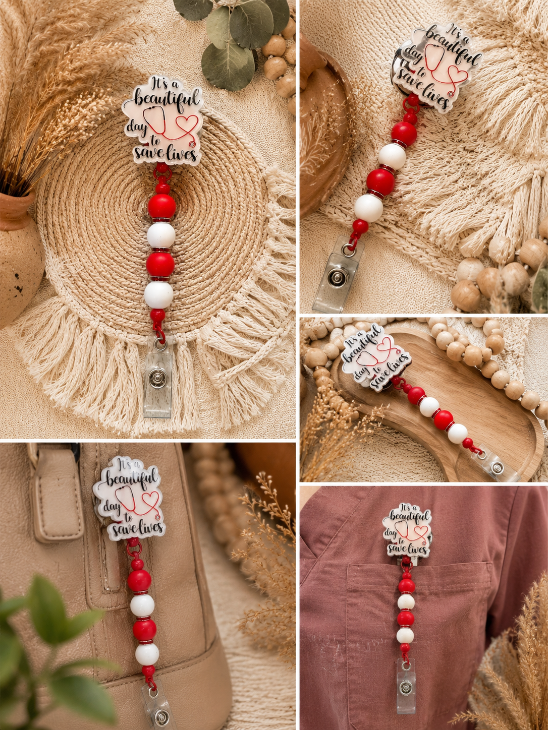 It’s a Beautiful Day to Save Lives Beaded Badge Reel – Retractable ID Holder for Healthcare Professionals