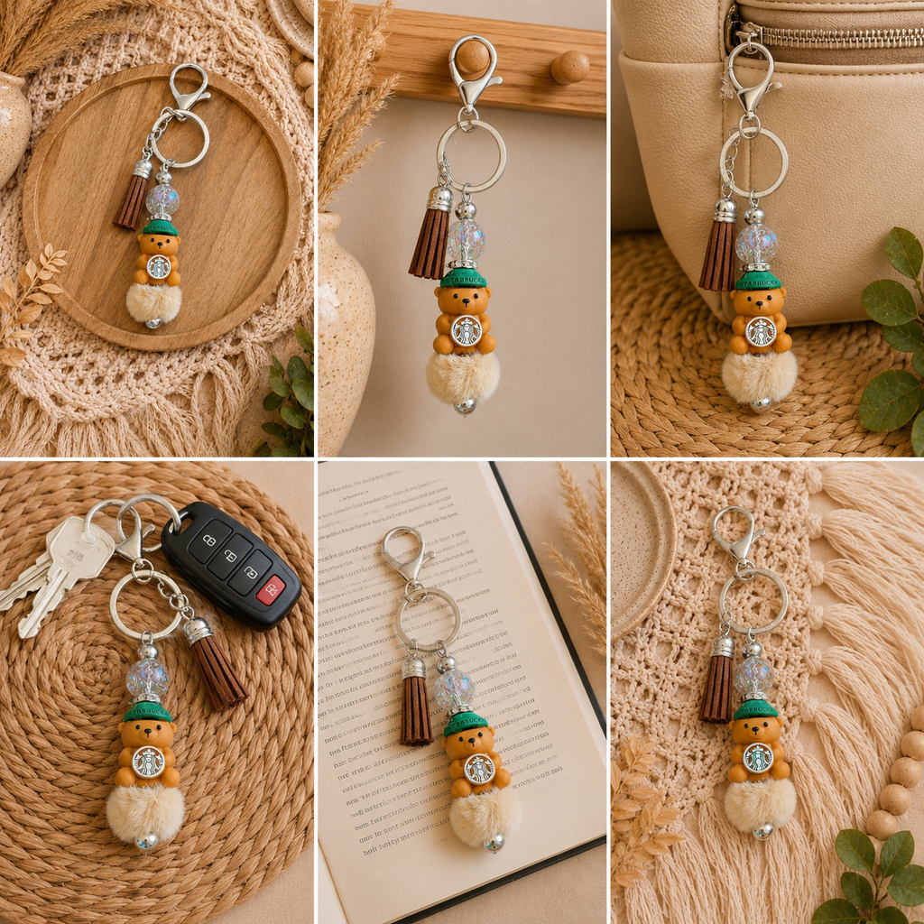 ☕ Teddy Bear Coffee Lover Keychain | Handmade Bear Tassel Purse Charm