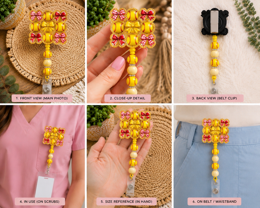 Softball Bow Beaded Badge Reel – Cute Handmade Belt Clip ID Holder