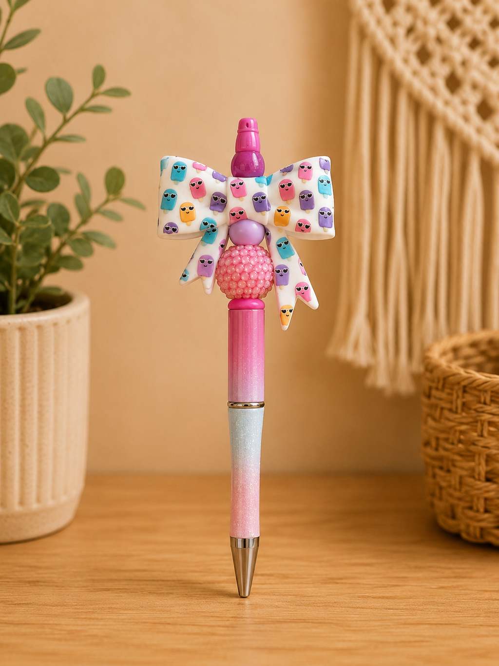 🍦🎀 Cute Popsicle Bow Beaded Pen – Summer Glitter Writing Pen