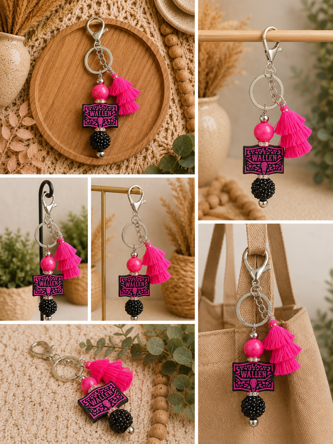 💖 Morgan Wallen Inspired Pink & Black Tassel Keychain | Country Music Accessory