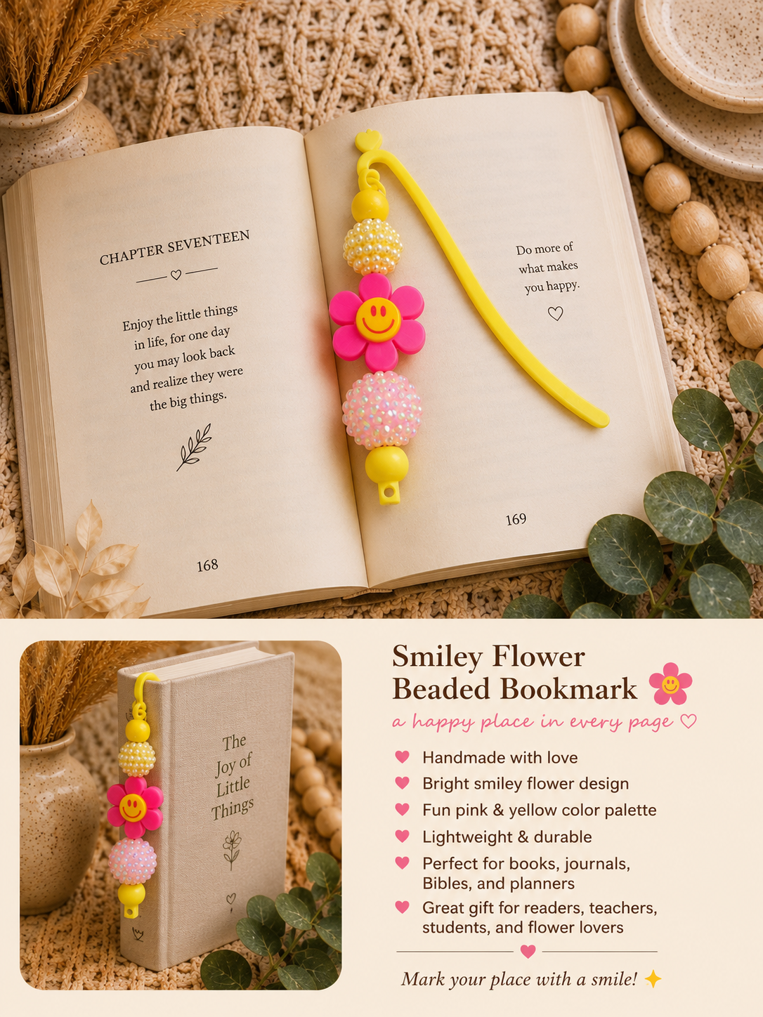 🌼 Smiley Flower Beaded Bookmark | Pink & Yellow Bookmark | Happy Reader Gift | Handmade Book Lover Accessory | Retro Flower Bookmark