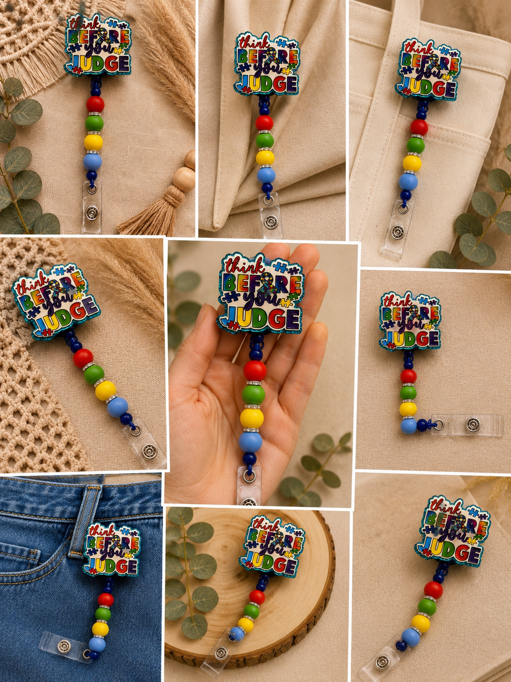 Think Before You Judge Autism Awareness Beaded Badge Reel – Retractable ID Holder