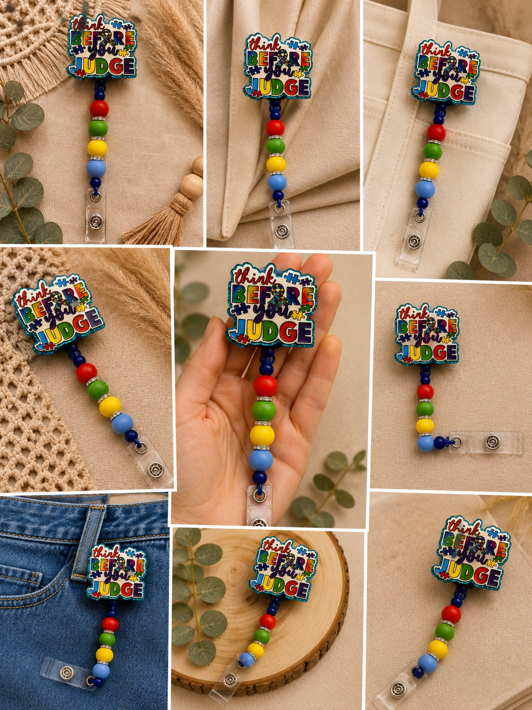 Think Before You Judge Autism Awareness Beaded Badge Reel – Retractable ID Holder