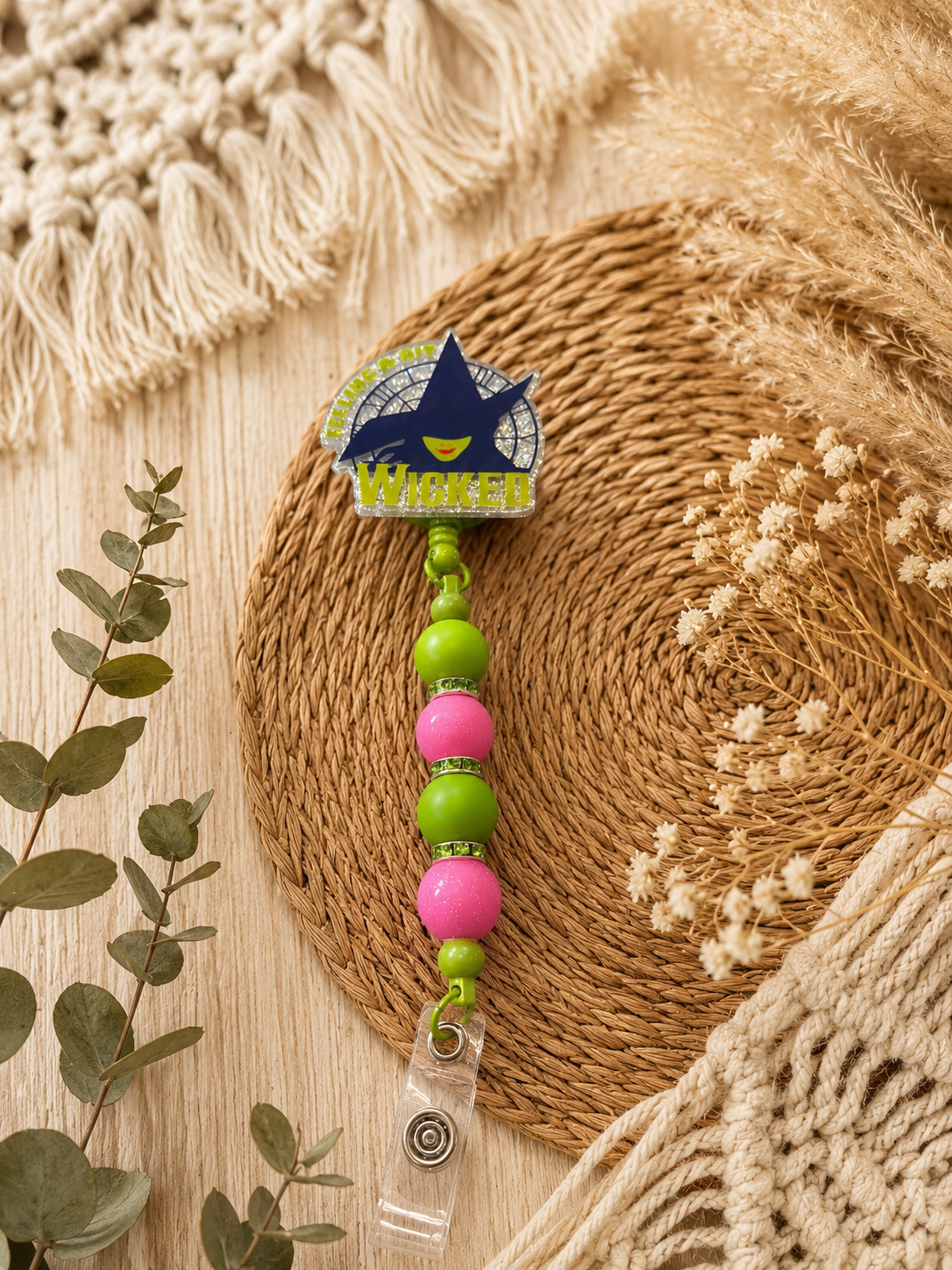 Wicked Inspired Beaded Badge Reel – Pink & Green Retractable ID Holder