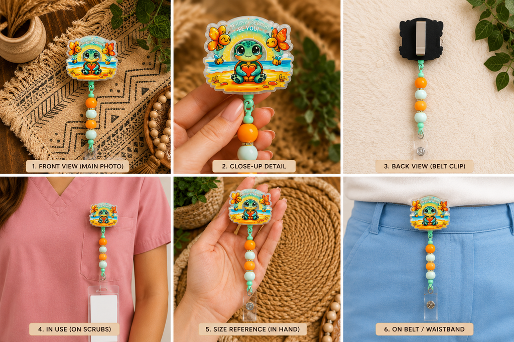 Happy Turtle Beaded Badge Reel – Cute Handmade Belt Clip ID Holder