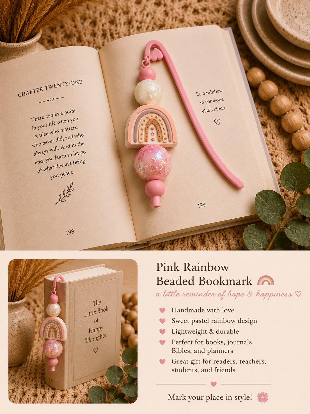 🌈 Pink Rainbow Beaded Bookmark | Pastel Rainbow Bookmark | Handmade Book Lover Gift | Cute Reading Accessory | Teacher Gift