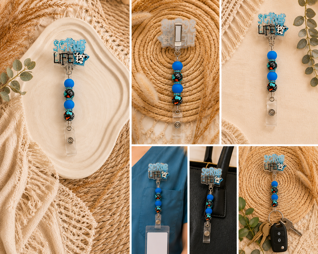 Scrub Life Beaded Badge Reel – Healthcare Retractable ID Holder with Alligator Clip