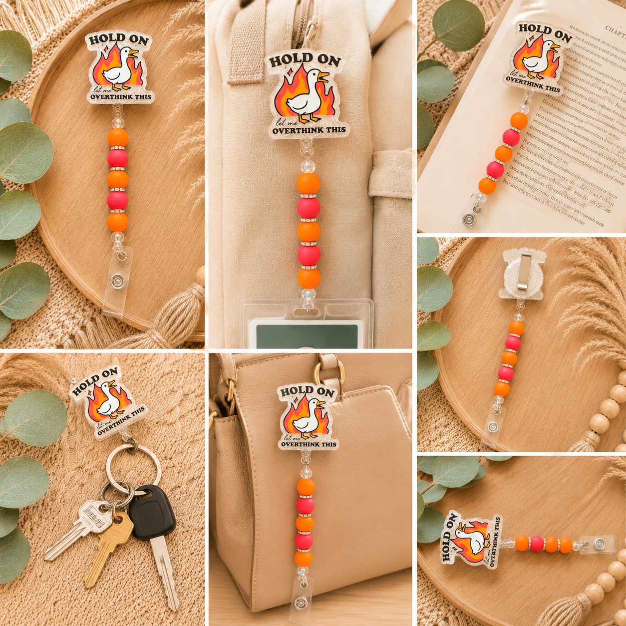 🔥 Hold On, Let Me Overthink This – Funny Goose Beaded Badge Reel | Retractable ID Holder | Nurse, Teacher & Office Gift