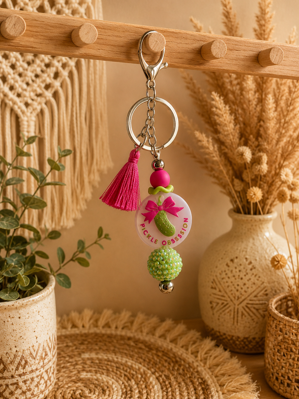 🥒 Pickle Obsession Beaded Keychain with Tassel – Pickle Lover Gift