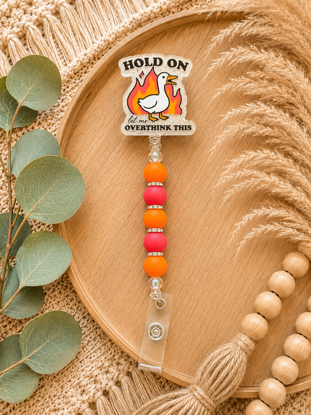🔥 Hold On, Let Me Overthink This – Funny Goose Beaded Badge Reel | Retractable ID Holder | Nurse, Teacher & Office Gift