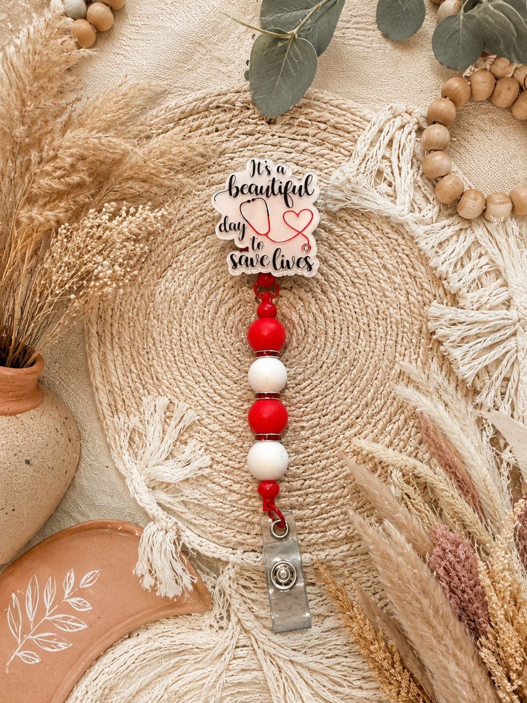 It’s a Beautiful Day to Save Lives Beaded Badge Reel – Retractable ID Holder for Healthcare Professionals