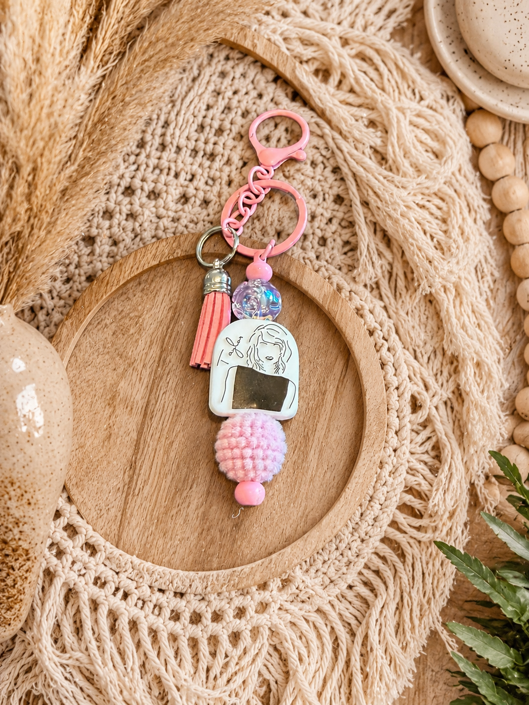 🎀 Pink Coquette Girl Beaded Keychain | Handmade Purse Charm | Girly Tassel Accessory