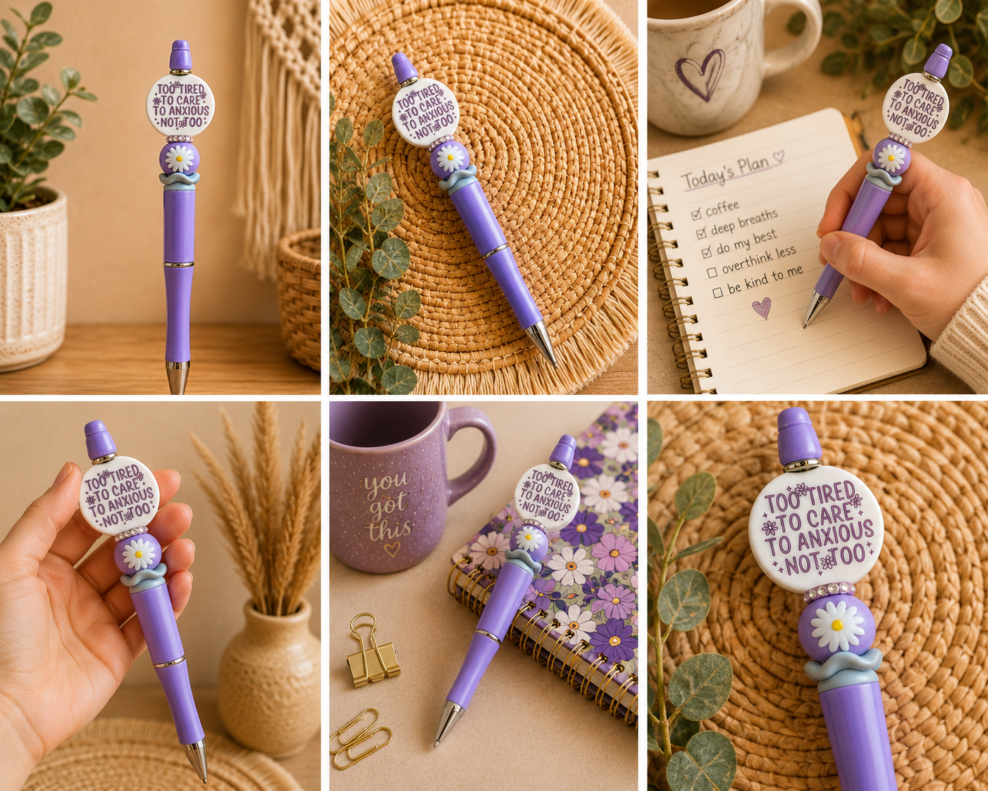💜 Too Tired to Care, Too Anxious Not To Beaded Pen – Lavender Anxiety Pen
