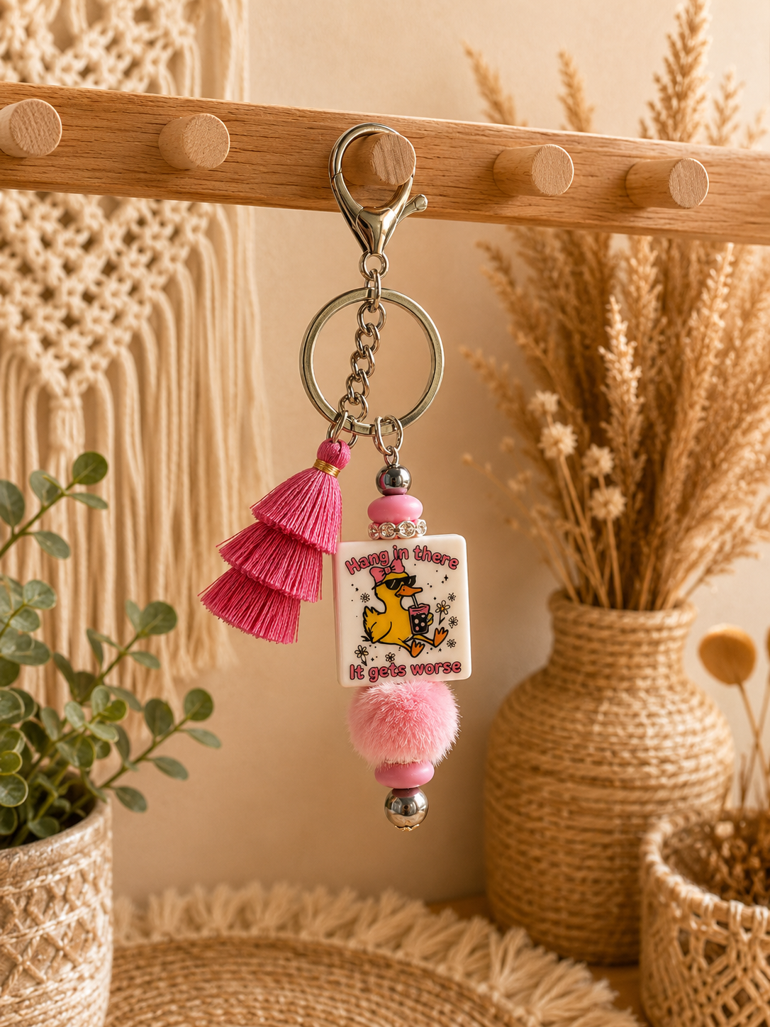 🦆 Hang In There, It Gets Worse Duck Beaded Keychain – Funny Tassel Bag Charm