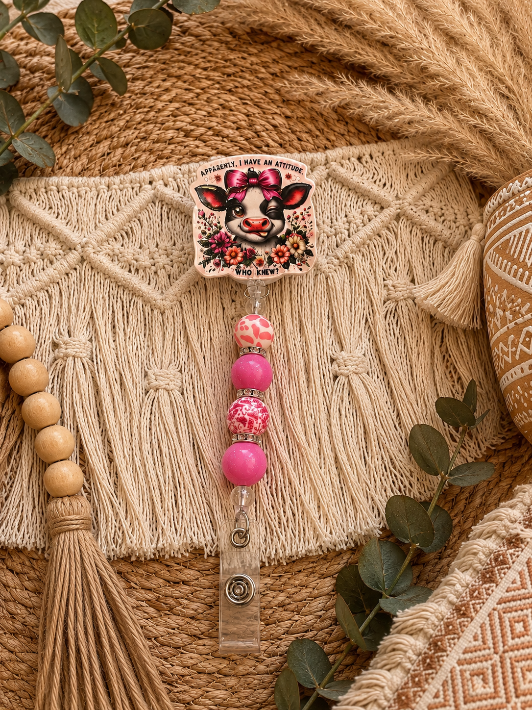 Apparently I Have an Attitude, Who Knew? Cow Beaded Badge Reel – Pink Cow Print Retractable ID Holder
