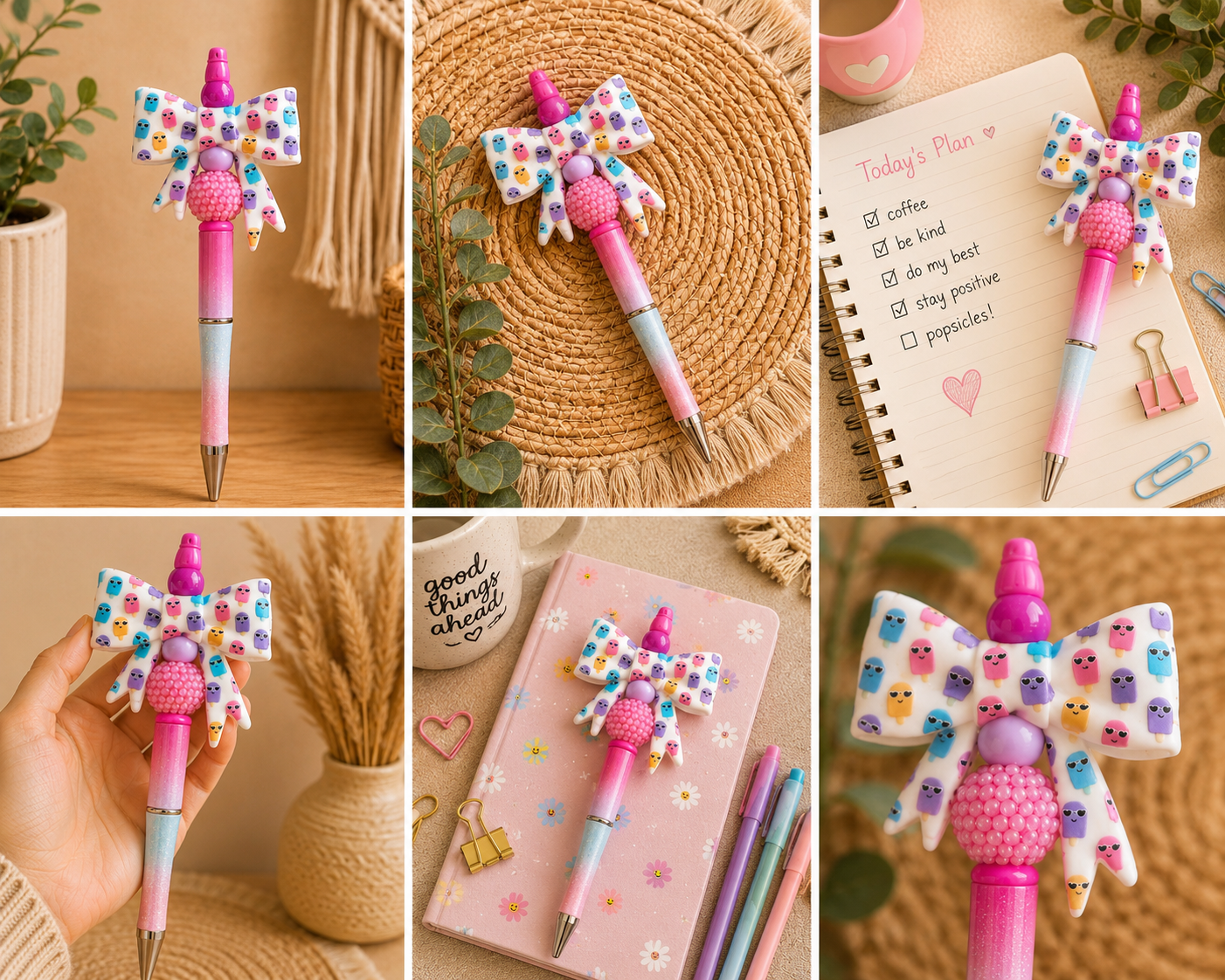 🍦🎀 Cute Popsicle Bow Beaded Pen – Summer Glitter Writing Pen