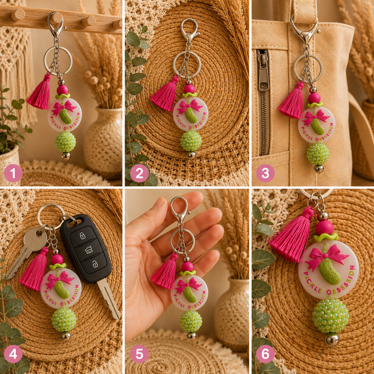 🥒 Pickle Obsession Beaded Keychain with Tassel – Pickle Lover Gift