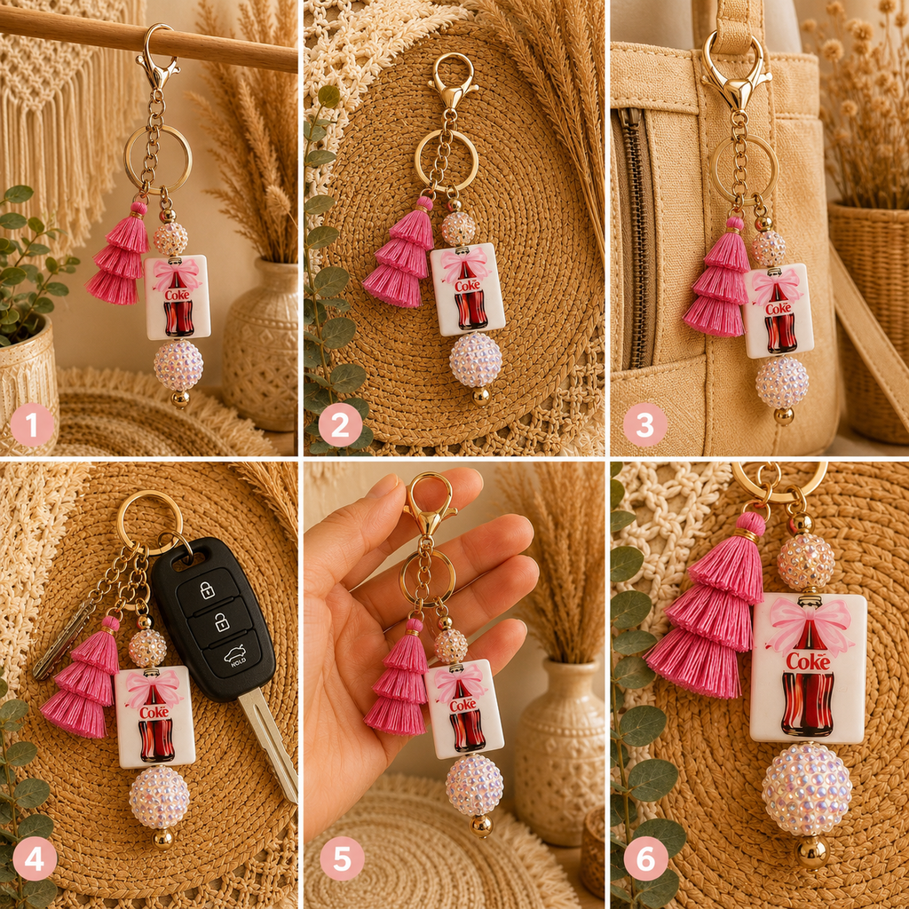 🥤 Pink Coke Bottle Beaded Keychain with Tassel – Soda Lover Gift