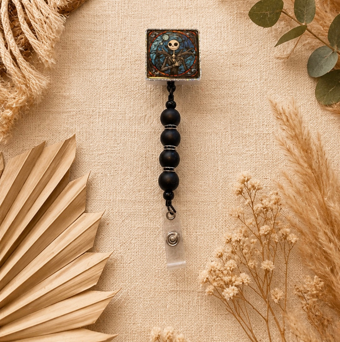 Jack Skellington Inspired Beaded Badge Reel – Retractable ID Holder