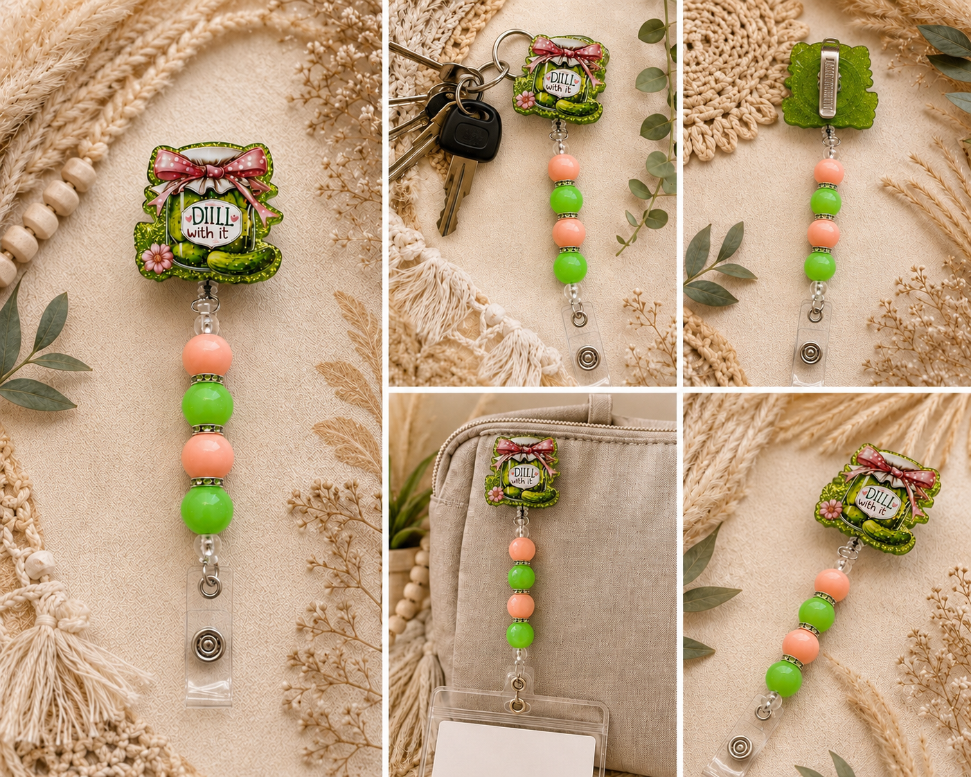 Dill With It Beaded Badge Reel – Funny Pickle Retractable ID Holder with Alligator Clip
