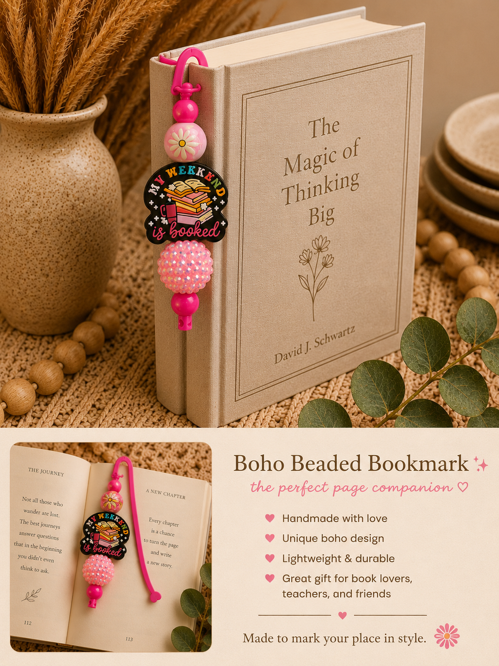 📚 My Weekend Is Booked Beaded Bookmark | Pink Book Lover Bookmark | Handmade Reader Gift | Teacher Gift | Cute Reading Accessory