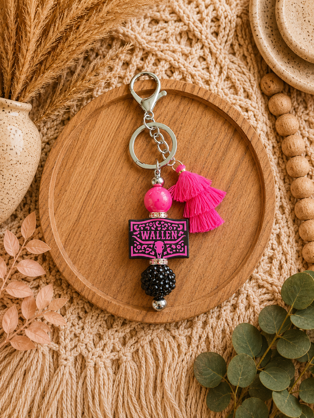 💖 Morgan Wallen Inspired Pink & Black Tassel Keychain | Country Music Accessory