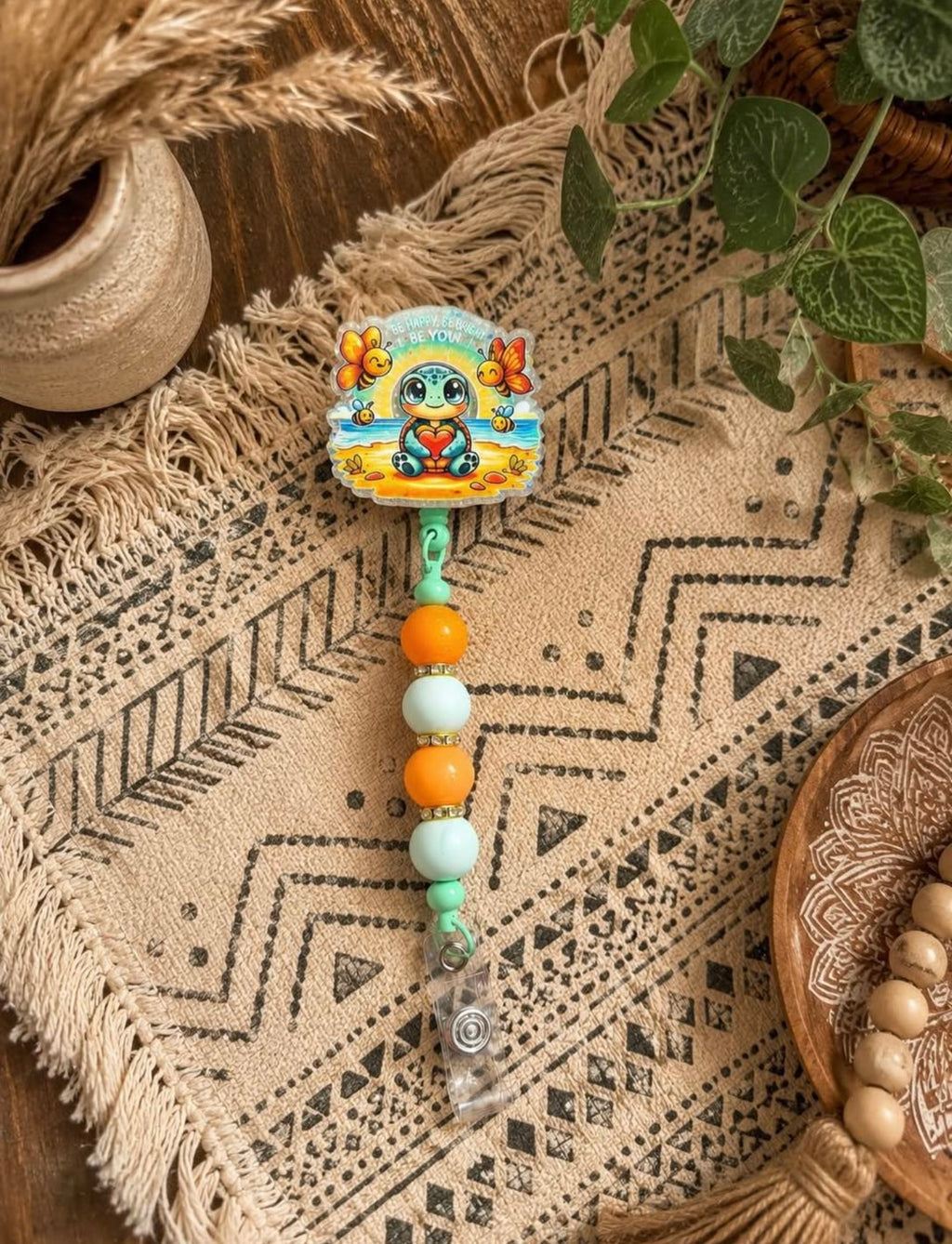 Happy Turtle Beaded Badge Reel – Cute Handmade Belt Clip ID Holder