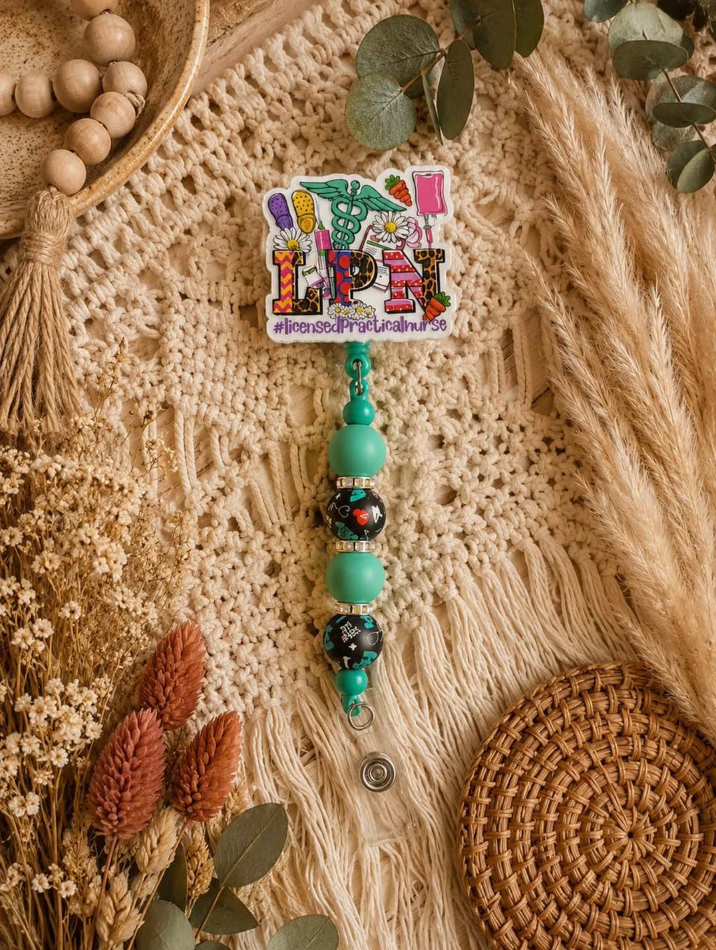 LPN Beaded Badge Reel – Licensed Practical Nurse Retractable ID Holder