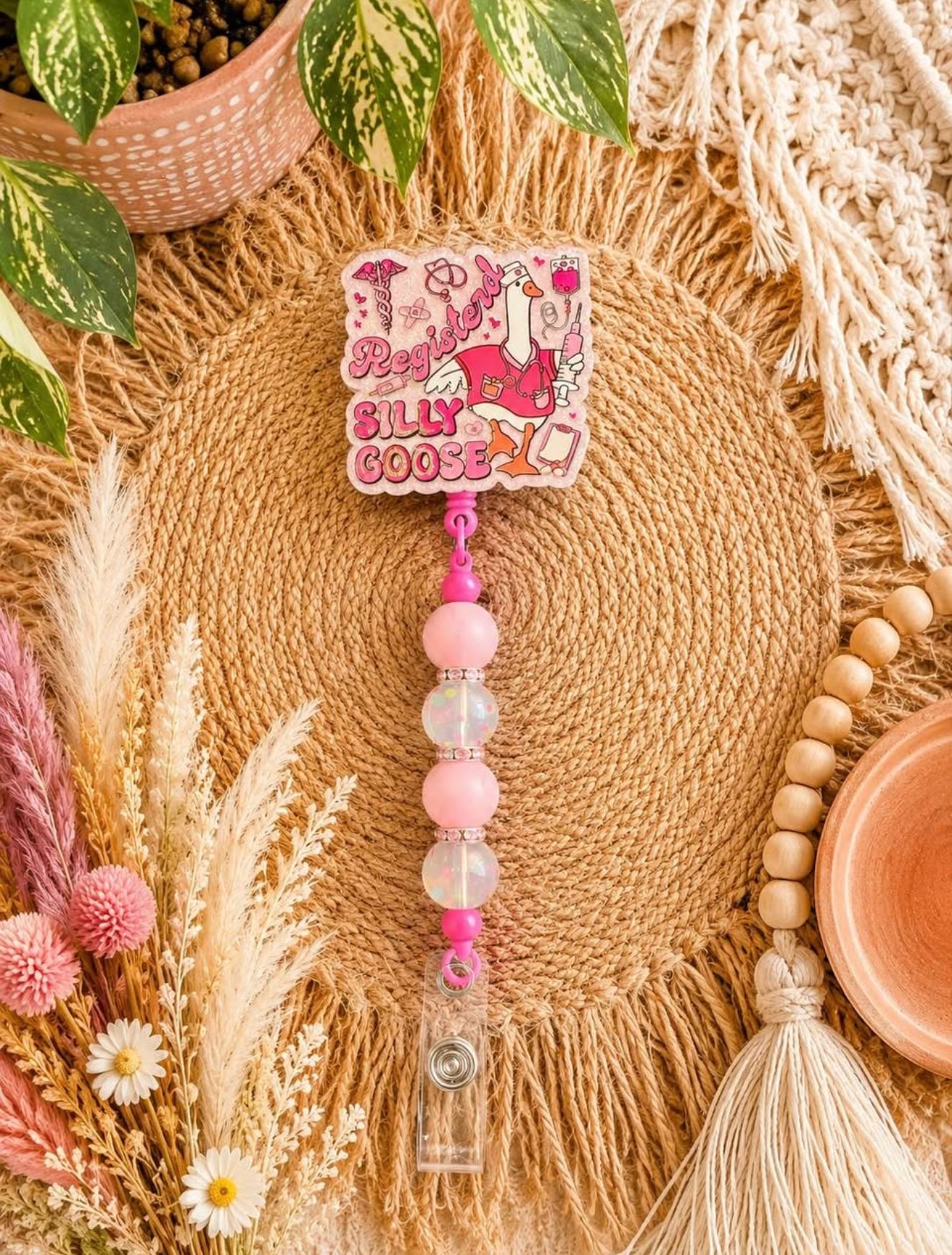 Registered Silly Goose Badge Reel – Pink Beaded Retractable ID Holder