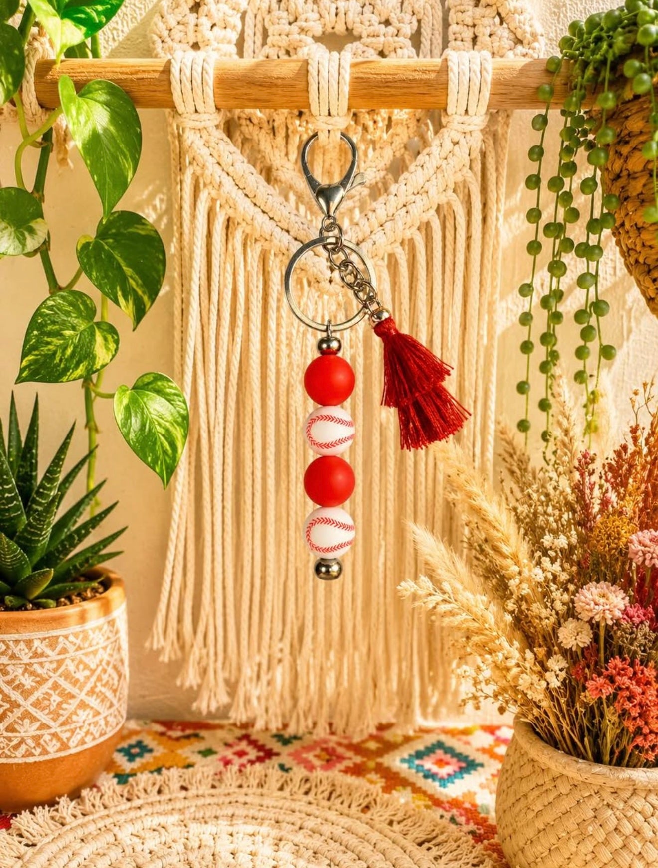 Baseball Tassel Beaded Keychain – Handmade Sports Fan Accessory